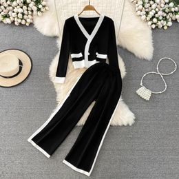 Women's Two Piece Pants Young Gee Women Two-piece Suit Retro Black Short Knitted Tops High Waist Straight Wide-leg Sweater Trousers Sets