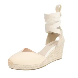 Dress Shoes Summer Women's High Heeled Thick Sandals Comfortable Wrap Toe Slope Heel Strappy Heels Handmade With Soles Espadrille