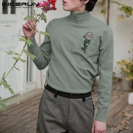 Men's T Shirts Sexy Leisure Tees Korea Style Mens Fashion White RoseT-shirt Green Retro High-neck Bottoming Long-sleeved Sweater S-5XL