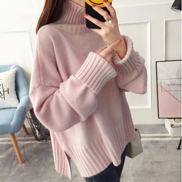 Women's Sweaters Autumn High-Neck Knitting Split Sweater Pullover Female Loose Version Thick Warm Long Sleeves Top Red Clothes