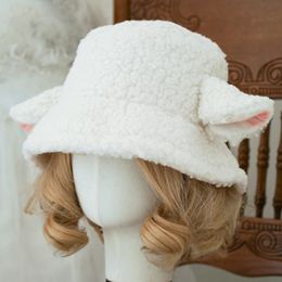 Wide Brim Hats Bucket Hats Handmade Sheep Baa Bucket Hat Lolita Sheep Cap with Ears Cute Girl Lambswool Material Black White Sheep Ear Hat Holiday Gift 231023