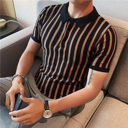 Men's Polos 2023 Summer Vertical Stripes Knitted Polo Shirts Men Turn Down Collar Short Sleeve Slim Casual Tees Social Club Clothing