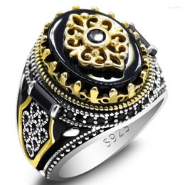 Cluster Rings Men's Black Natural Onyx Stone 925 Sterling Silver Vintage Gold Crown CZ Enamel Women's Handmade Gemstone Jewelry