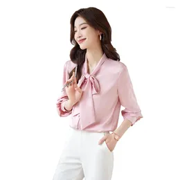 Women's Blouses Lenshin Soft Fabric Bow Tie Shirts For Women Long Sleeve Blouse Work Wear Office Lady Female Green Tops Chemise Loose Style