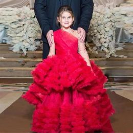 Girl Dresses Custom Flower Dress Red Puffy Cloud Tulle Princess Birthday Party Kids Christmas Pageant Gown Pography Props