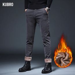 Mens Pants KUBRO Winter Fleece Warm Brushed Fabric Casual Business Fashion Slim Fit Stretch Thick Velvet Cotton Trousers Male 231024
