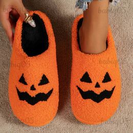 Slippers 2023 Funny Halloween Pumpkin Fluffy Fur Slippers Women Men Winter Warm Closed Plus Scream Face Ghost Home Slides Shoes T231024