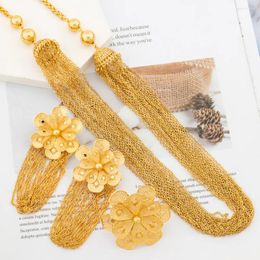 Necklace Earrings Set Exaggerate Gold Colour Jewellery For Ladies Flower Deisgn Tassel And Long Chain With Ring Bridal