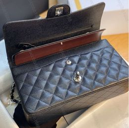  Karl 10A Classic Quilted Double Flap Bag - 25cm Medium Top Tier Genuine Leather with Caviar Lambskin Finish, Black Finish - Designer Shoulder Chain Box black crossbody purse (118ess6)