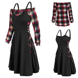 Casual Dresses 2 Pieces Dress Set For Women Fit And Flare Lacing Plaid Off The Shoulder Blouse With Lace Up Twinset