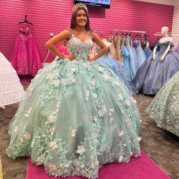 Light Green Ball Gown Quinceanera Dresses Beads Sweetheart Applique 3DFloral Brithday Dance Party Vestidos 15 De Quinceanera