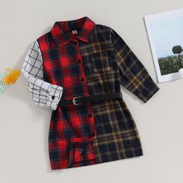 Girl Dresses 2-6Y Girls Contrast Color Plaid Shirt Dress Kids Autumn Clothes Children Long Sleeve Lapel Button Down With Belts