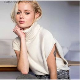 Women's Knits Tees White High Neck Sleeveless Pullover Solid Sweater Women Loose Side Split Top 2023 Autumn Fashion Casual Female Knitted Vest T231024