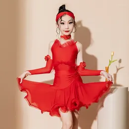 Stage Wear 2023 Red Latin Dance Clothes For Girls Samba Rumba ChaCha Competition Costume Sleeveless Practise Suit Bodysuit Skirt VDB7409