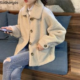 Women's Wool Blends Tender Warm Jacket Single Breasted Loose Fuzzy Fall Winter Lambswool Simple Straight Long Sleeve Coats Female Stylish Ins 231023