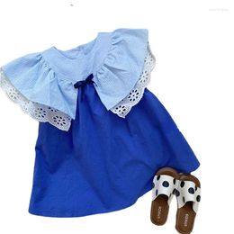 Girl Dresses Korean Children's Clothing Summer Baby Blue Girls Frocks Princess Dress Lace Collar Cotton Plaid Sleeveless Toddler Clothes