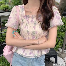 Women's Blouses Short Summer Korea Chic Tops Blusas Fashion Flhjlwoc Design Crop Peplum Floral Print Square Neck Women