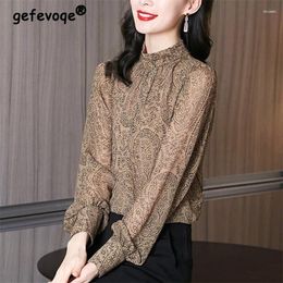 Women's Blouses Women Vintage Ruffled Design Elegant Blouse Fashion Print Stand Collar Long Sleeve Loose Shirts Female Chic Chiffon Tops