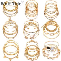 Wolf Tide New Bracelets And Bangles Bundle Set Punk Rock Hip Hop Multi Layered Cuban Link Chain Bracelet For Women Lock Butterfly Charms Jewellery Wholesale Bijoux