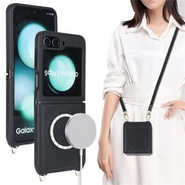 Crossbody Magnetic Lychee Grain Phone Case for Samsung Galaxy Folding Z Flip5 5G Full Protective Litchi Pattern Leather Fold Shell Supporting Wireless Charging