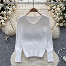 Women's Sweaters Pullover Women 2023 V Neck Long Sleeve Fluffy Knitted Sweater Autumn Winter Clothes Solid Basic Casual Jumper