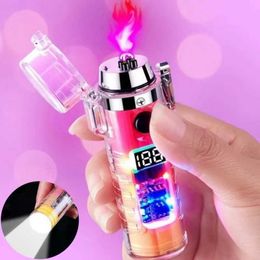 Lighters Transparent Shell Dual Arc USB Charging Lighter Outdoor Waterproof LED Colorful Light Power Display Illumination Gadgets