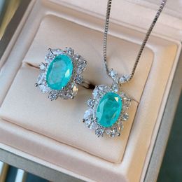 Women Jewelry Set Sky Blue Crystal zircon Diamond Opening White Gold Ring Pendant Necklace Girlfriend Party Birthday Gift
