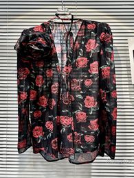 Women's Blouses 2023 Autumn Three-dimensional Rose Flower V Neck Blouse Women Elegant Gauzy Shirt Long Sleeve Floral Pring Shirts Tops