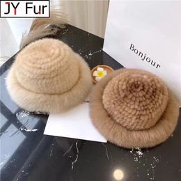 Wide Brim Hats Bucket Hats Mink Fur Knitted Bucket Caps Autumn Winter Women Real Fur Thick Warm Hats Fashion Outdoor Hats Beanies For Women 231023