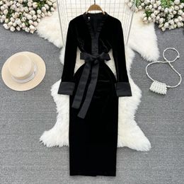 Casual Dresses Elegant Women Black Velvet Full Sleeve V-Neck Slim Bowknot Waist A-Line Party Vestidos Female Versatile Cocktail Gown