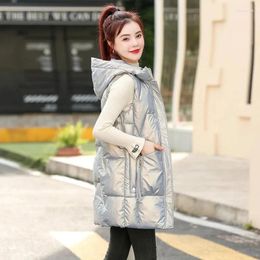 Women's Vests Glossy Long Vest 2023 Autumn Winter Down Cotton Coat Korean Loose Hooded Black Women Waistcoat Jacket