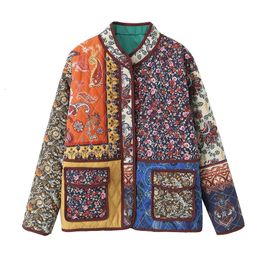 Women's Wool Blends YENKYE Autumn Women Patchwork Floral Print Padded Jacket Coat Long Sleeve Pockets Female Quilted Vintage Outerwear 231023