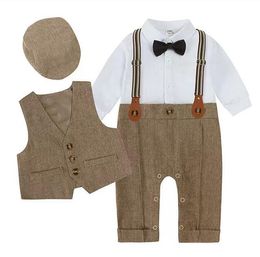 Baby Boys and Girls Summer Gentleman Clothing Set Birthday Set Toddler Bodysuit Flat Hat Short Sleeve Tank Top Hat Strap Pants 4 Pieces/Set Children's Bodysuit