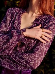 Women's Blouses Ruffle Trim Purple Shirt French Romantic Print Silk Ladies Long Sleeve Thin See-Through Blouse