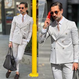 Men's Suits Light Grey Tailored 2 Pieces Blazer Pants Peaked Lapel Double Breasted Pinstripes Slim Wedding Custom Made Plus Size