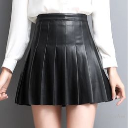 Skirts Real Leather Skirt Women Autumn Winter Short Pleated Korean-Style Slim Fit High Waist Ruffled Black 231023