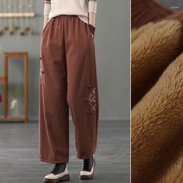 Women's Pants Warm Ladies Embroidery Cotton Linen Fleece Wide-legged Winter Thick Pockets Elastic Waist Vintage Loose Women Trousers