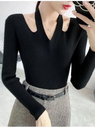 Women's Sweaters V-Neck Halter White Sweater T-shirt Autumn 2023 Long Sleeve Slim Tight Bottoming Stretch Tops
