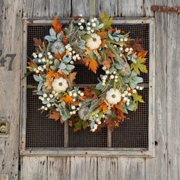 Decorative Flowers Wreaths Thanksgiving Artificial Fall Maple Leaf And Pumpkin Wreath For Front Door Home Farmhouse Decor Harvest Festival Hanging Garland 231023