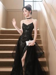 Party Dresses Black Banquet Evening FWomen Sexy V-Neck Spaghetti Strap Long Celebrity Dress 2023 Sequined Split Ball Gown