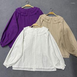 Women's Blouses Johnature Double Doll Collar Long Sleeves Cotton Linen Shirt Loose Versatile Lace Pleated Shirts 2023 Spring Autumn Casual