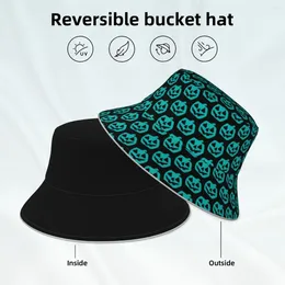 Berets Halloween Reflective Bucket Hat Teal Pumpkin Print Reversible Streetwear Fisherman Hats Classic Printed Sun