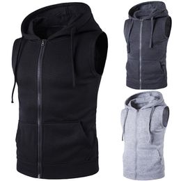 Solid Color Cotton Jacket Vest Waistcoats Pockets Top S--XXXL Men Hooded Sleeveless Zip Casual Sweatshirt Hoodies