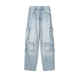 Women's Jeans Women Fashion With Pockets Denim Light Blue Front Zipper Cargo Pants Vintage High Waist Female Chic Lady Trouser