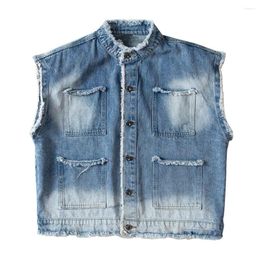 Men's Vests Men Loose Denim Vest Fringe Ripped Gradient Colour Waistcoat Sleeveless Pockets Tank Top Blue Black