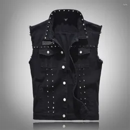 Men's Vests Black Denim Vest Ripped Sleeveless Jeans Jacket Men Casual Waistcoat Cotton Gilet Tank Cowboy Hip Hop Rivets Streetwear