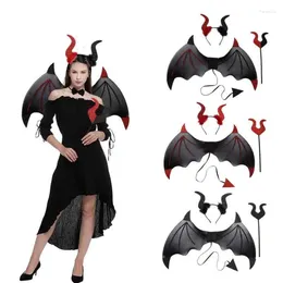 Party Favour Halloween Devil Costume Set Wings With Tail Horn Headband And Fork Cosplay Xmas Carnival Dress Up Red One Size