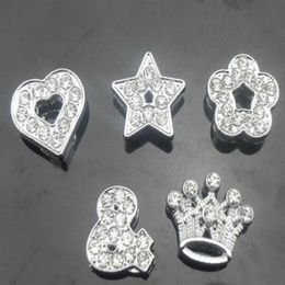 Whole 100pcs lot 10mm mix styles heart star crown & flower full rhinestones slide charms fit for 10MM DIY leather wristband2674