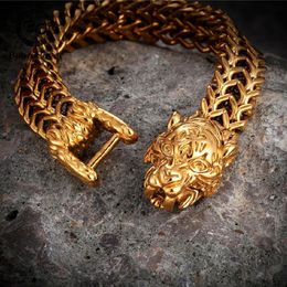 Charm Bracelets Rock Gold Colour Tiger Head Bracelet Men Stainless Steel Cuban Chain Bangles Punk Male Creative Accessories Viking 2860