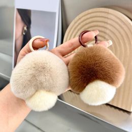 New Mushroom Keychains Real Rex Rabbit Fur Key Chains Rings Pendant Plush Ball Keyring Women Bag Hanging Ornaments Gift